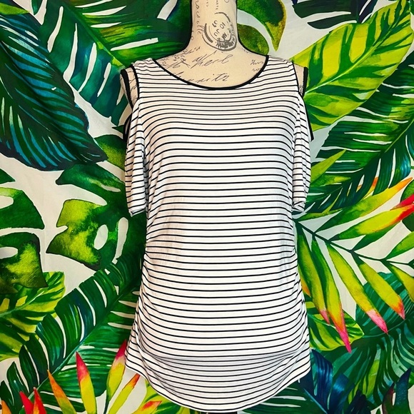 WHBM Women’s Medium White Black Cold Shoulder Cinched Waist Work Top - Picture 1 of 6